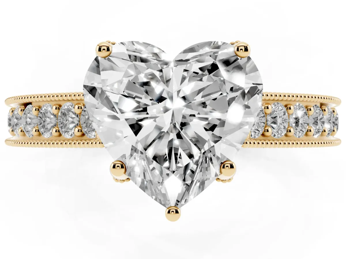 Heart Cut Cut Diamond Solitaire Ring with Milgrain Pave Band and Four Prong Setting Yellow gold