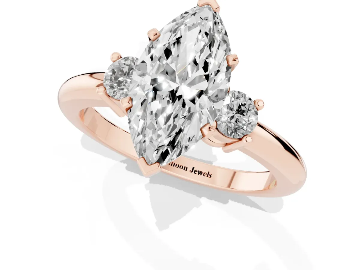 Three-Stone Marquise Cut Cut Diamond Solitaire with Prong Setting and Classic Band Rose gold