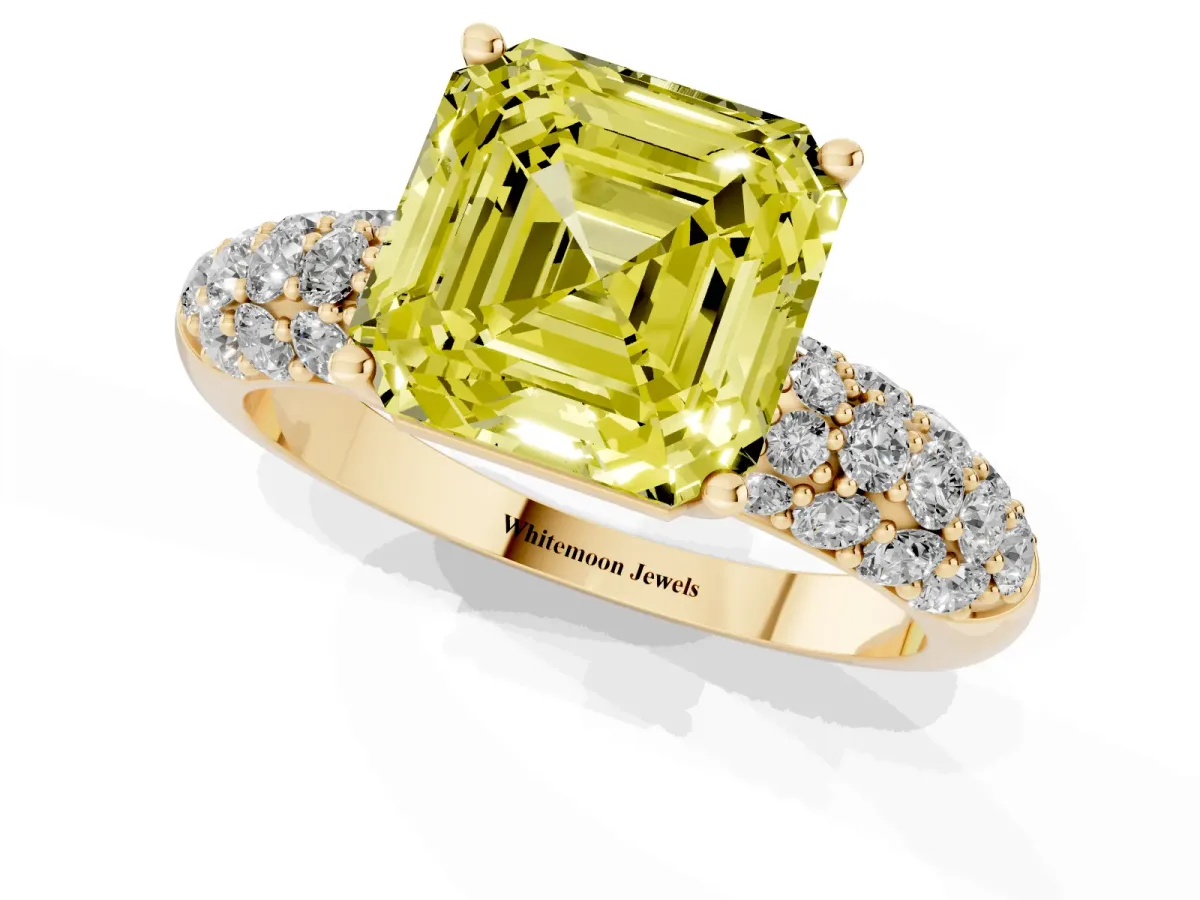 Fancy Yellow Asscher Cut Diamond Pavé Band Solitaire Ring with Four-Prong Setting Yellow gold
