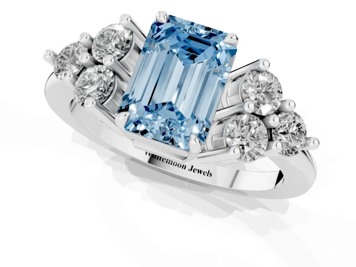 Fancy Blue Emerald Cut Brilliant Diamond Cluster Accent Solitaire Ring with Prong Setting White gold