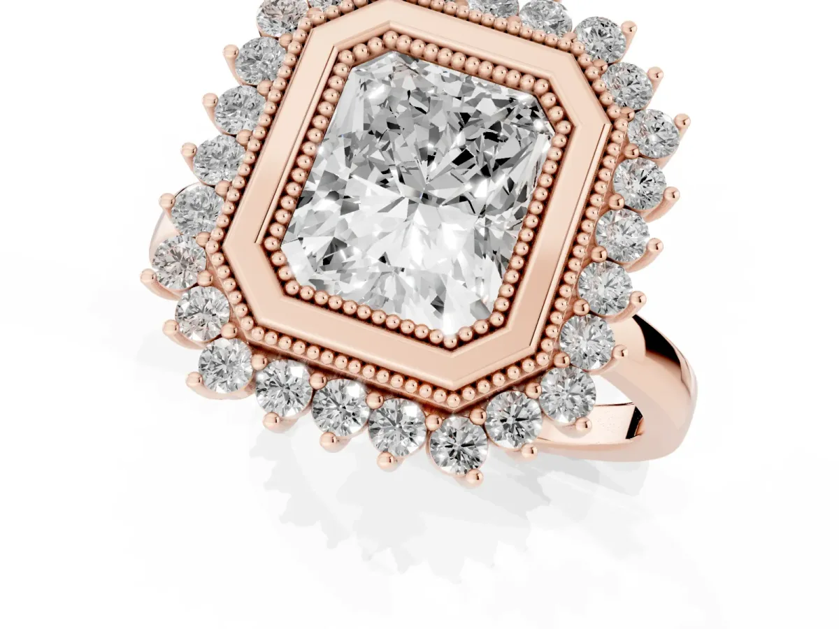Radiant Cut Halo Diamond Ring with Milgrain Edge and Round Prong Setting Rose gold