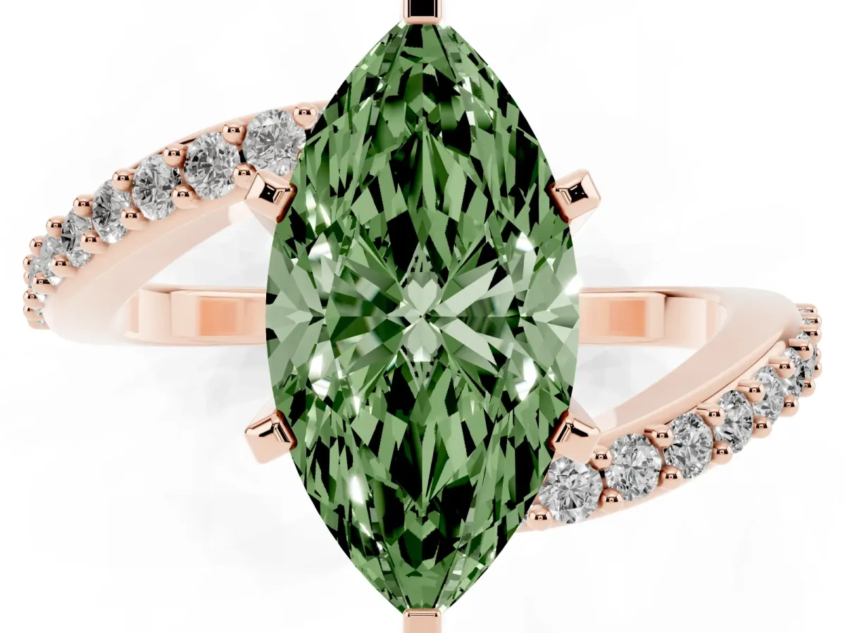 Fancy Green Marquise Cut Solitaire Twist Band with Pave Set Diamonds and Four-Prong Setting Rose gold