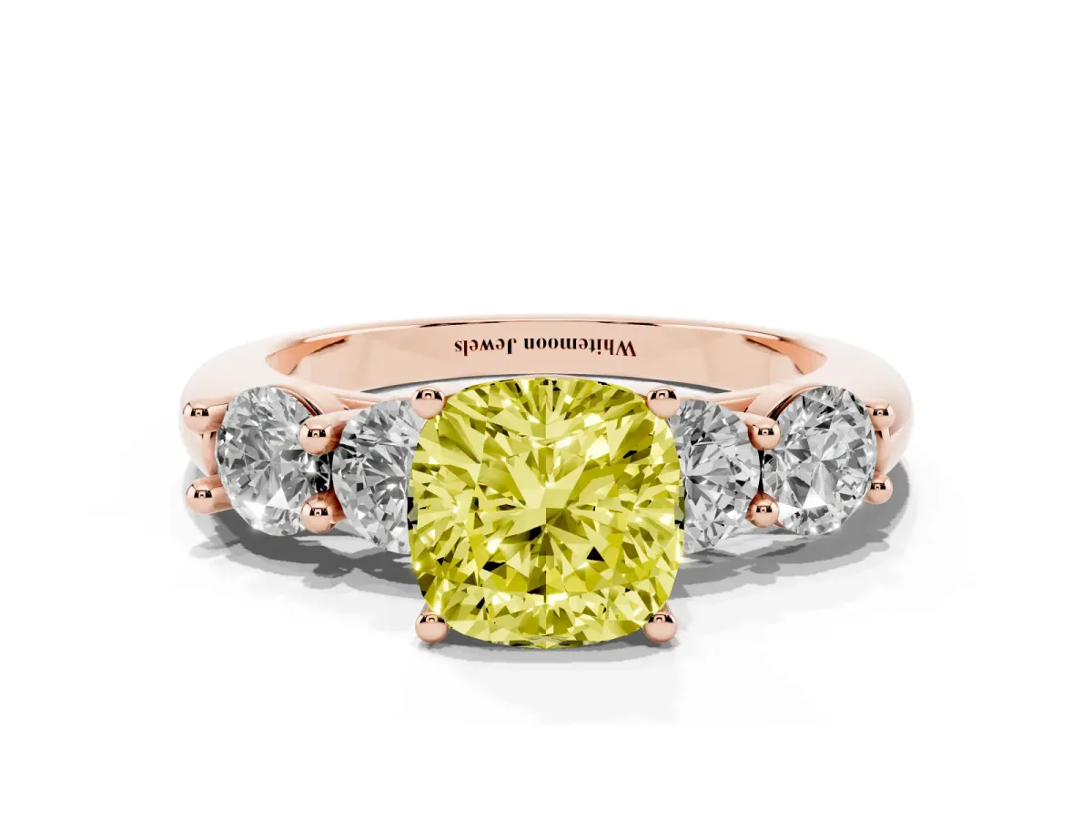 Fancy Yellow Cushion Cut Cut Five-Stone Prong Set Diamond Ring with Classic Band Rose gold