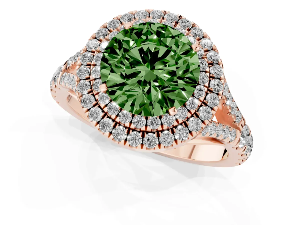 Fancy Green Round Cut Diamond Double Halo Ring with Split Shank and Prong Setting Rose gold