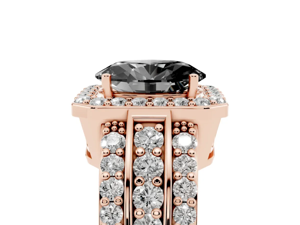 Fancy Black Oval Cut Halo Diamond Ring with Round Split Shank and Prong Setting Rose gold