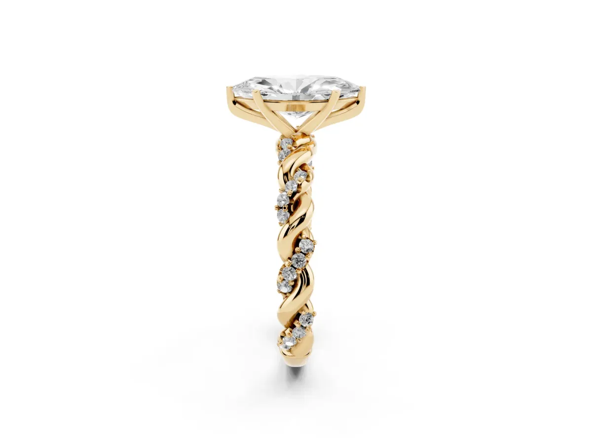 Marquise Cut Diamond Solitaire Ring with Twisted Band and Pavé Accents Yellow gold
