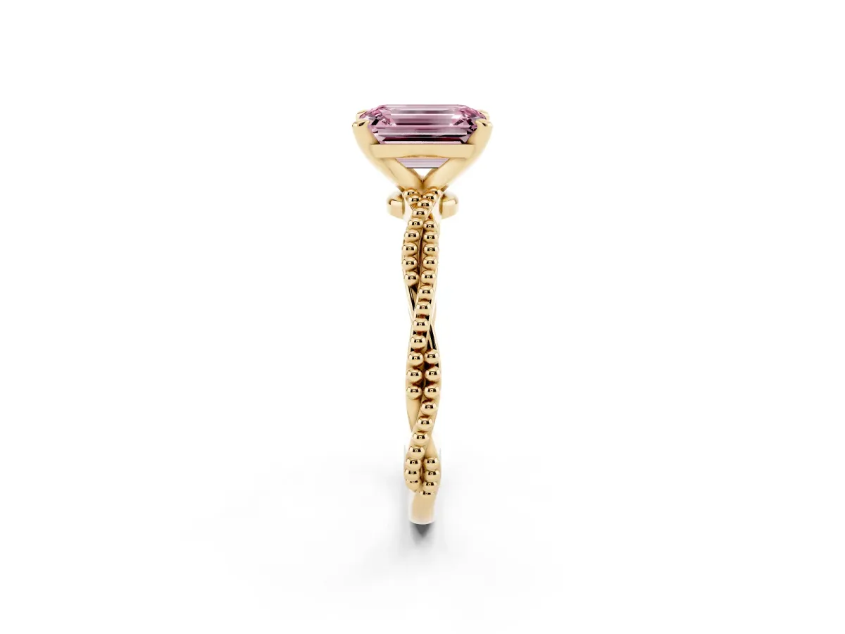 Fancy Pink Emerald Cut Solitaire Twisted Band with Bead Prong Setting Yellow gold