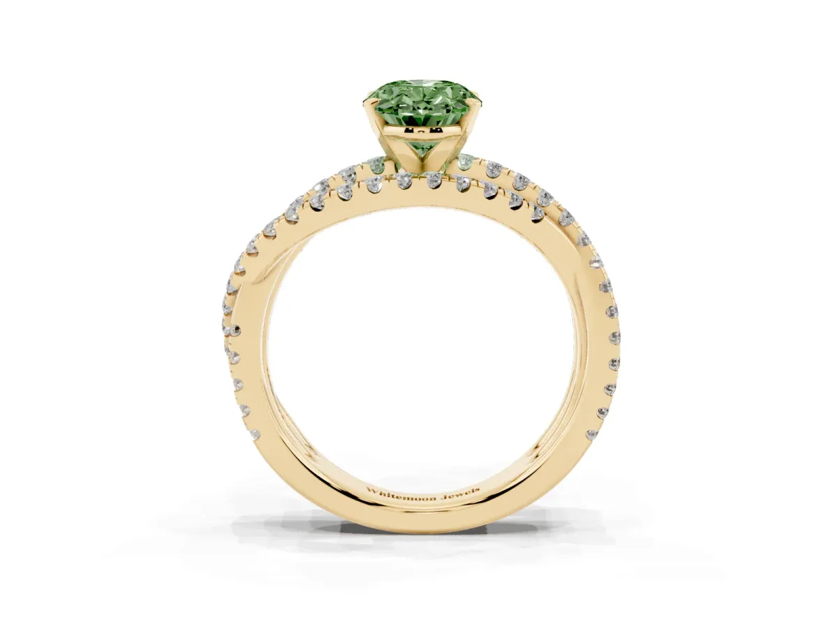 Fancy Green Oval Cut Solitaire Twist Band with Pavé Setting and Four-Prong Setting Yellow gold