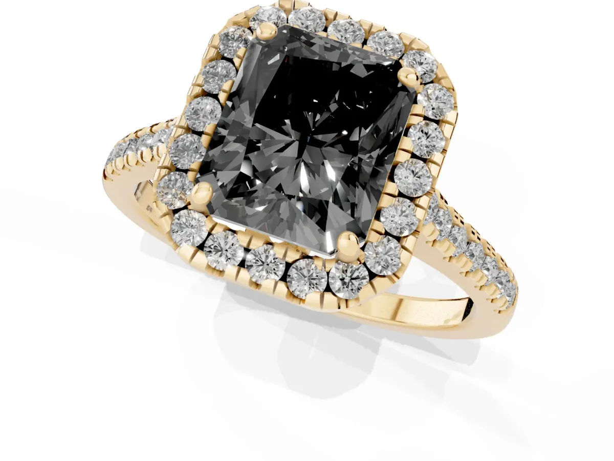 Fancy Black Radiant Cut Diamond Cushion Halo Ring with Pavé Band Yellow gold