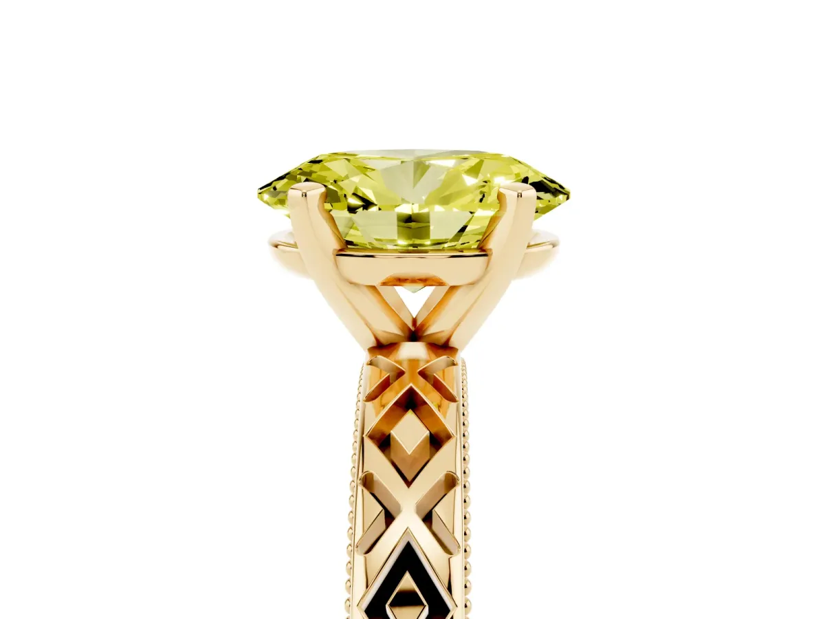 Fancy Yellow Oval Cut Solitaire Diamond Ring with Milgrain and Black Enamel X Pattern Band Yellow gold