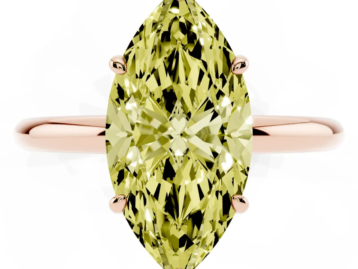 Fancy Yellow Marquise Cut Solitaire Diamond Ring with Four-Prong Setting on a Plain Band Rose gold