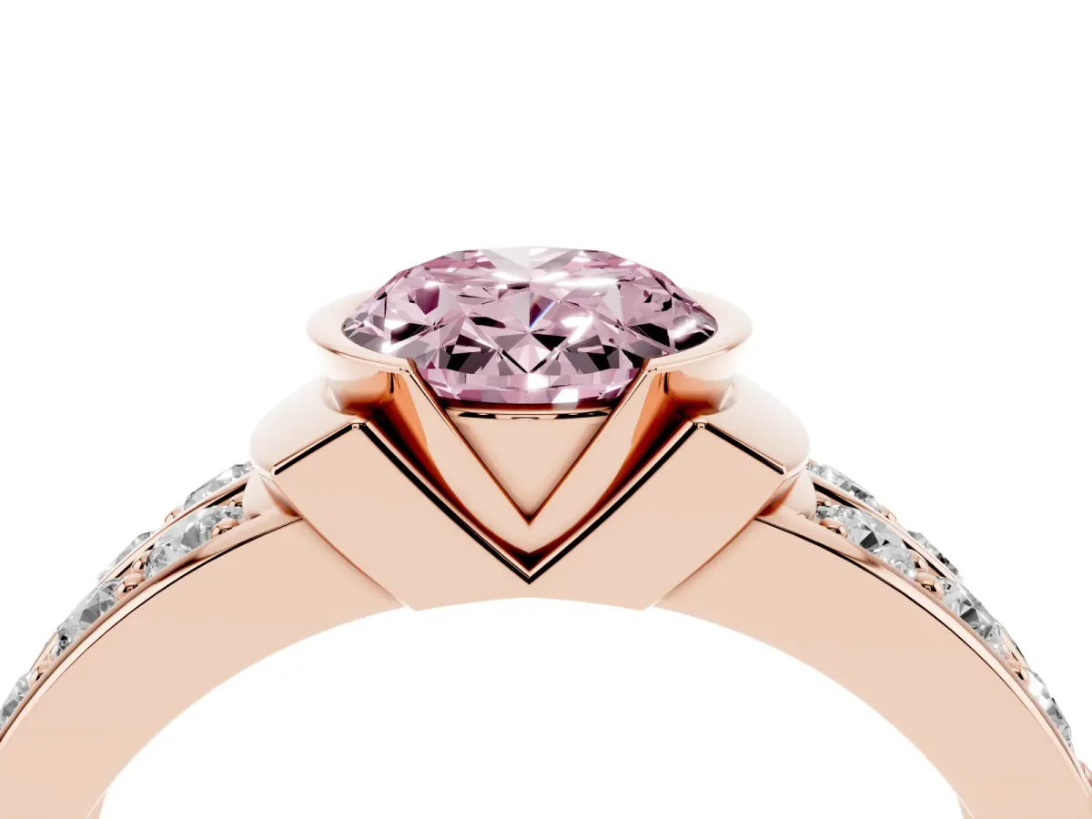 Fancy Pink Oval Cut Brilliant Diamond Channel Set Wide Band Ring with Bezel Setting Rose gold