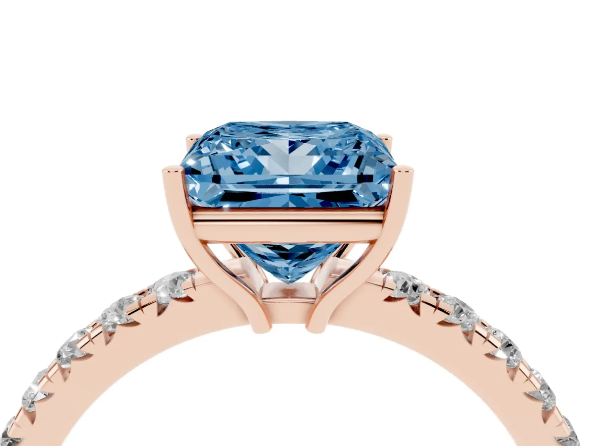 Fancy Blue Princess Cut Diamond Pavé Solitaire Engagement Ring with Four-Prong Setting Rose gold