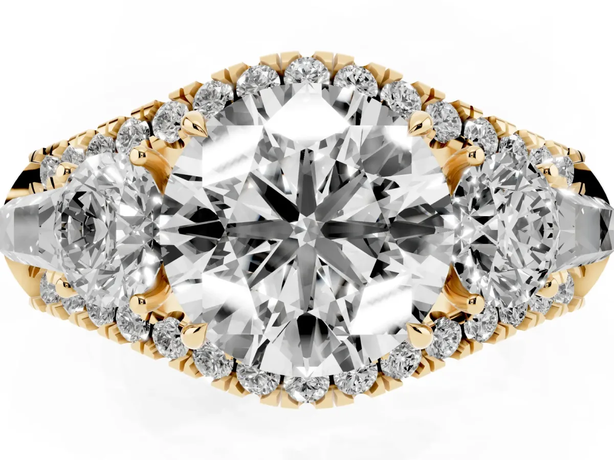 Three-Stone Round Cut Diamond Engagement Ring with Pave Band and Prong Setting Yellow gold