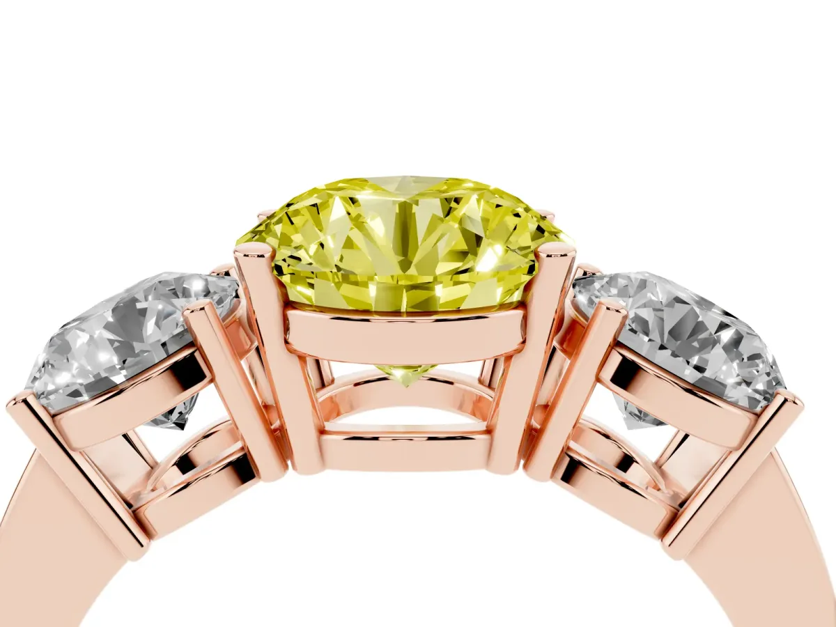 Fancy Yellow Three-Stone Round Cut Cut Diamond Engagement Ring with Flat Band and Four-Prong Setting Rose gold