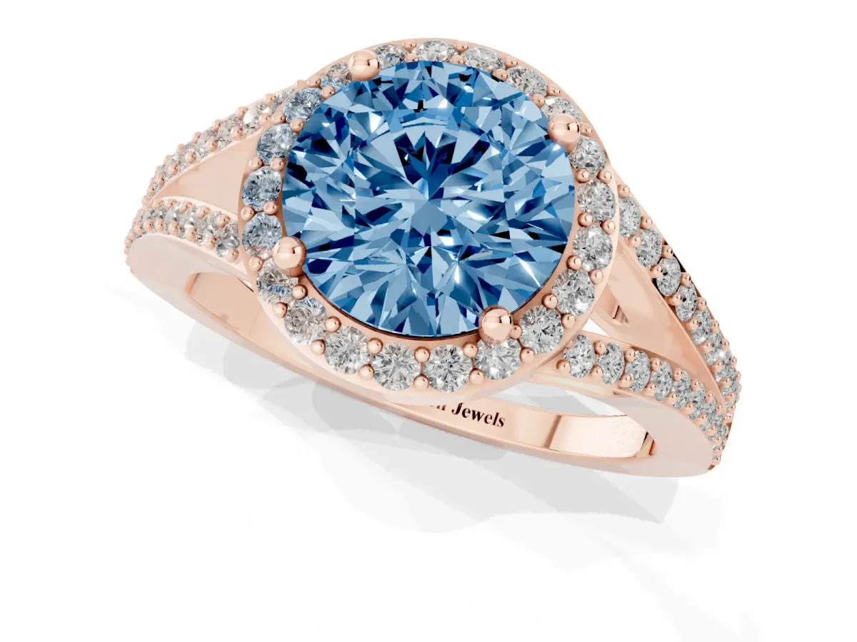 Fancy Blue Round Cut Halo Split Shank Diamond Ring with Prong Setting Rose gold