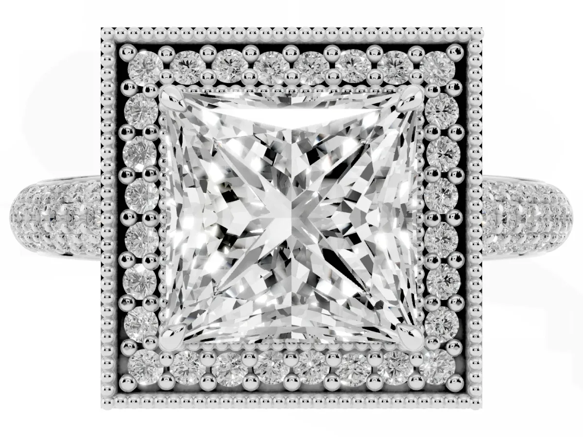 Princess Cut Cut Halo Diamond Pave Band with Four-Prong Setting Silver