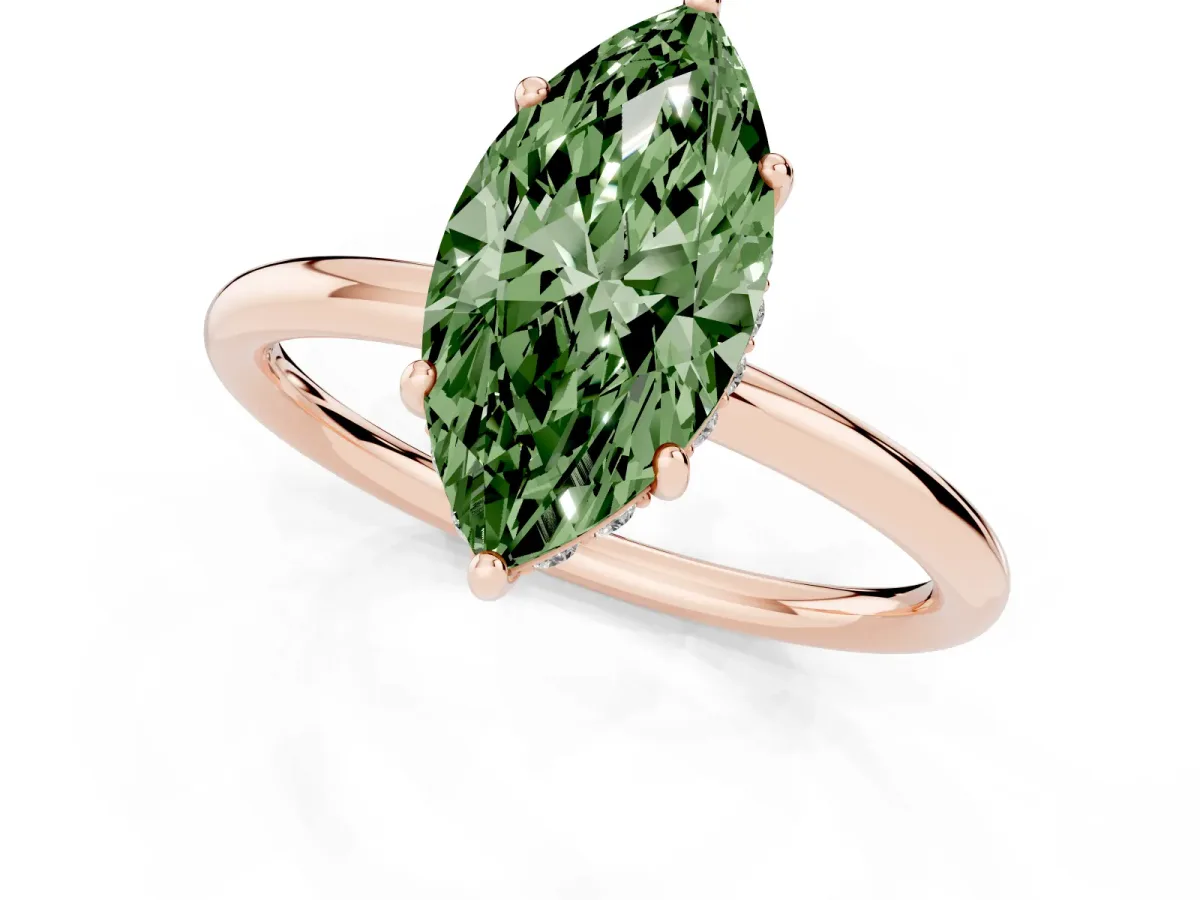 Fancy Green Marquise Cut Solitaire Diamond Ring with a Classic Band and Four-Prong Setting Rose gold