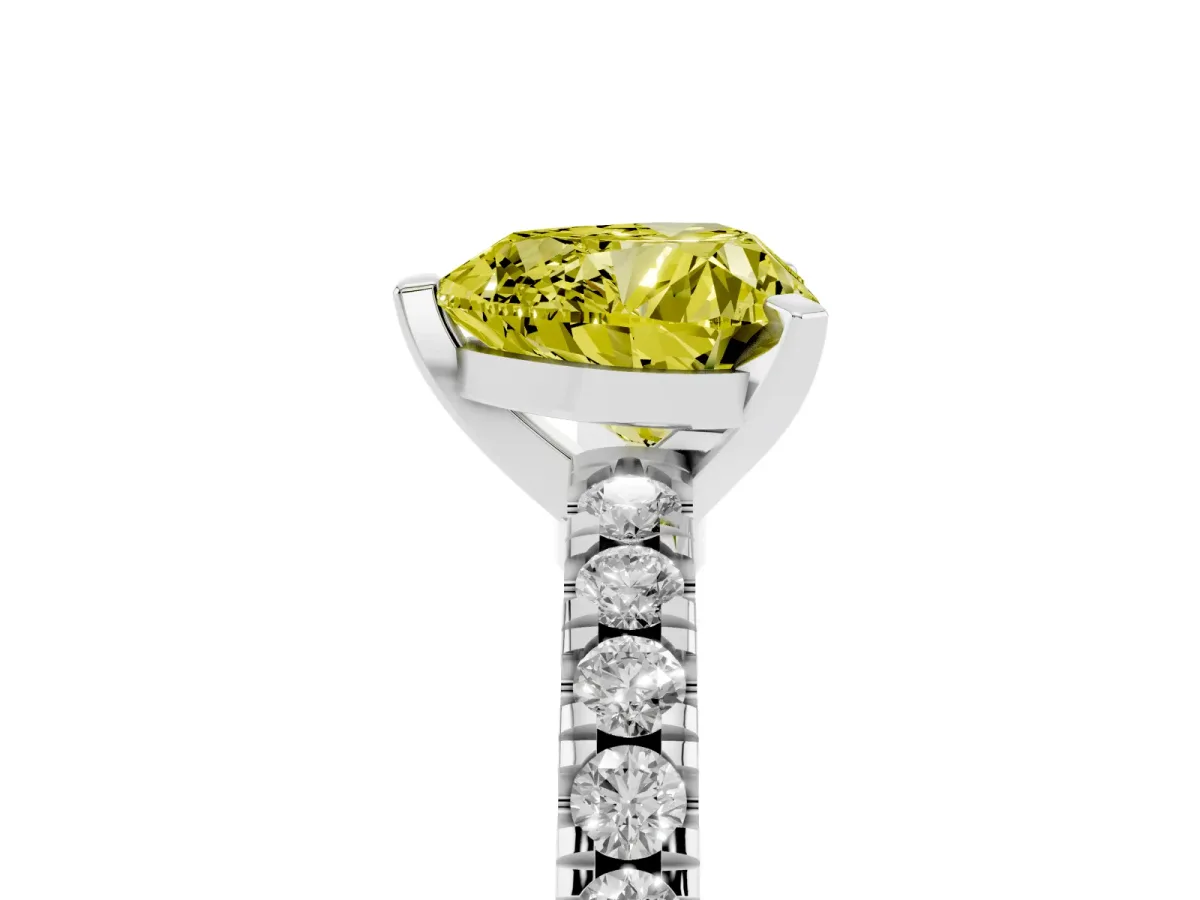 Fancy Yellow Heart Cut Solitaire Diamond with Pavé Band and Four-Prong Setting Silver