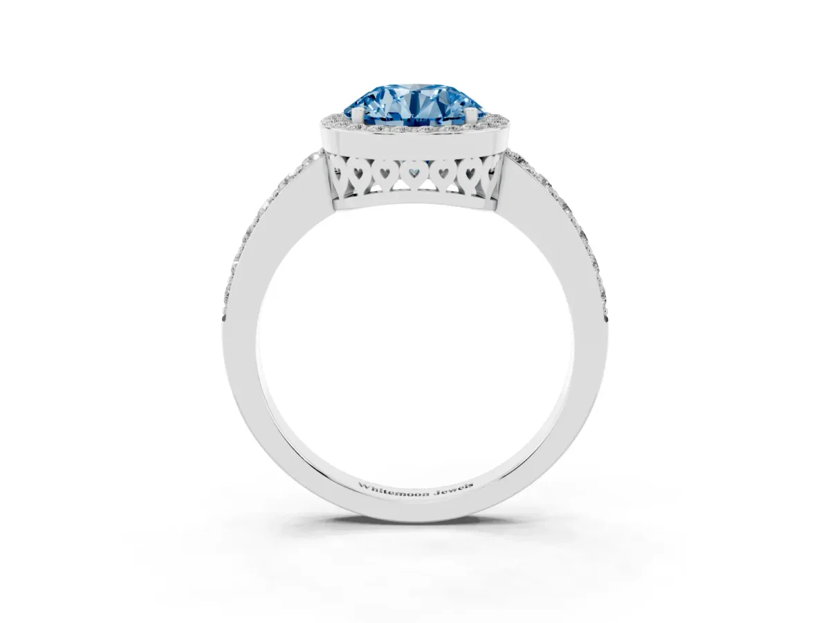 Fancy Blue Round Cut Halo Diamond Pavé Band Ring with Prong Setting Silver
