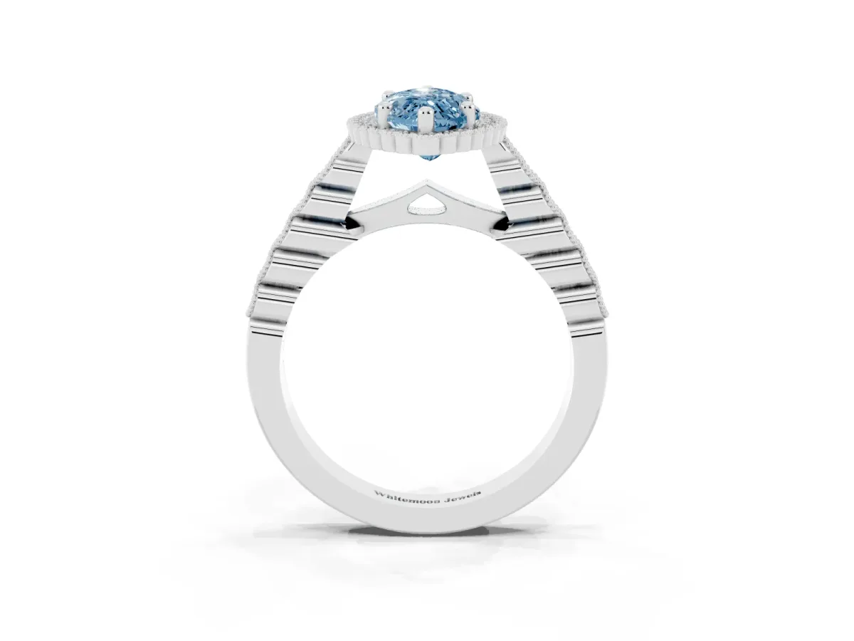 Fancy Blue Marquise Cut Cut Halo Pavé Solitaire Ring with Milgrain Band Silver