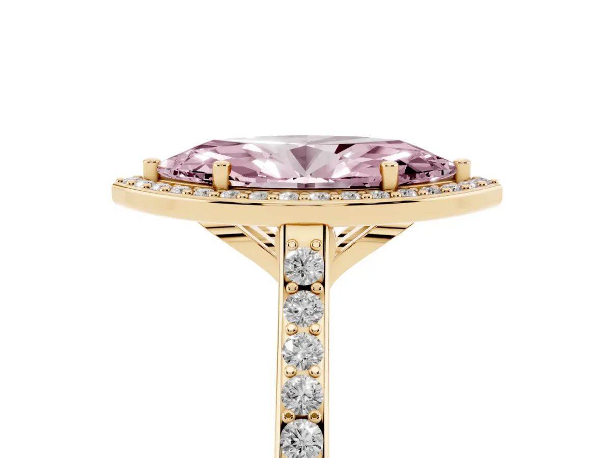 Fancy Pink Marquise Cut Diamond Halo Engagement Ring with Round Pavé Shoulders and Prong Setting Yellow gold