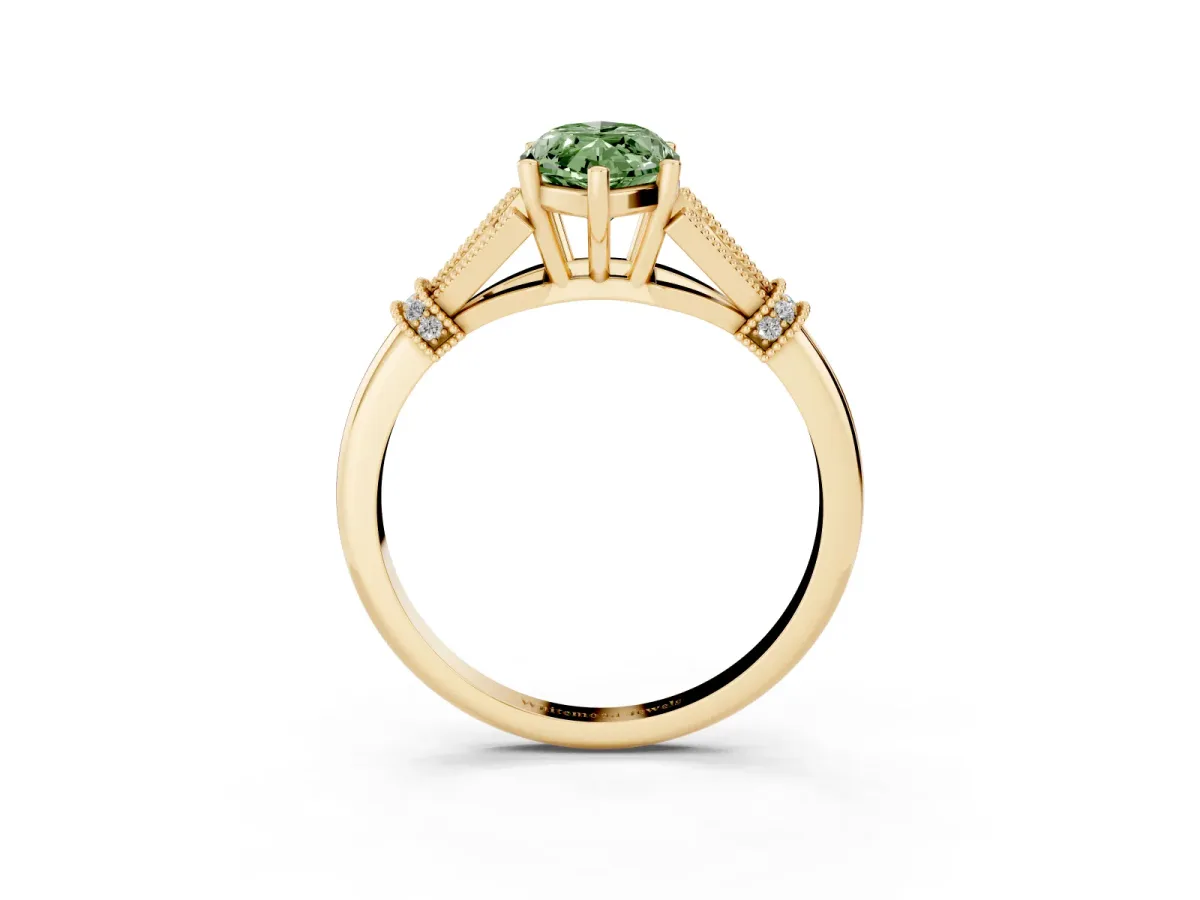 Fancy Green Marquise Cut Diamond Solitaire Ring with Floral Filigree and Pave Accents Yellow gold