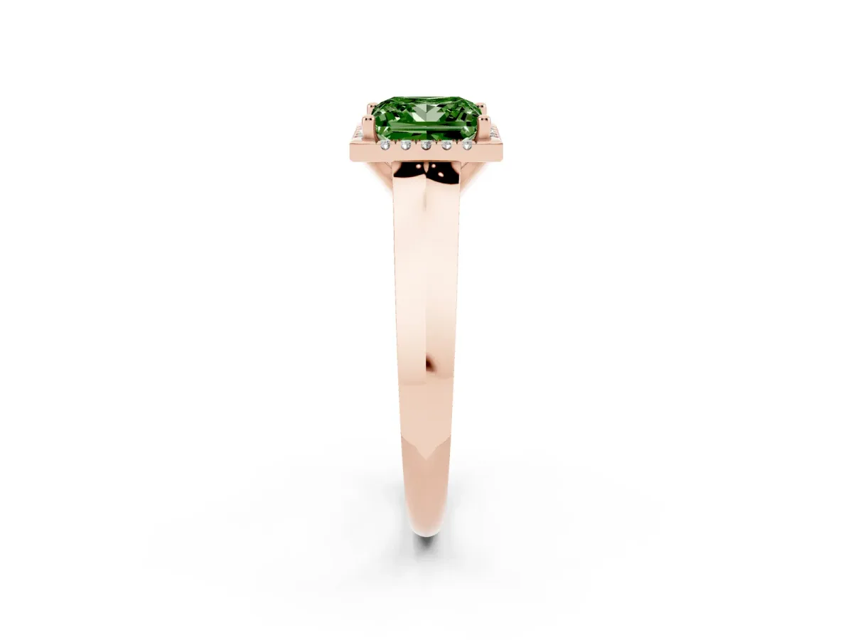Fancy Green Princess Cut Halo Diamond Ring with Cathedral Band and Four-Prong Setting Rose gold
