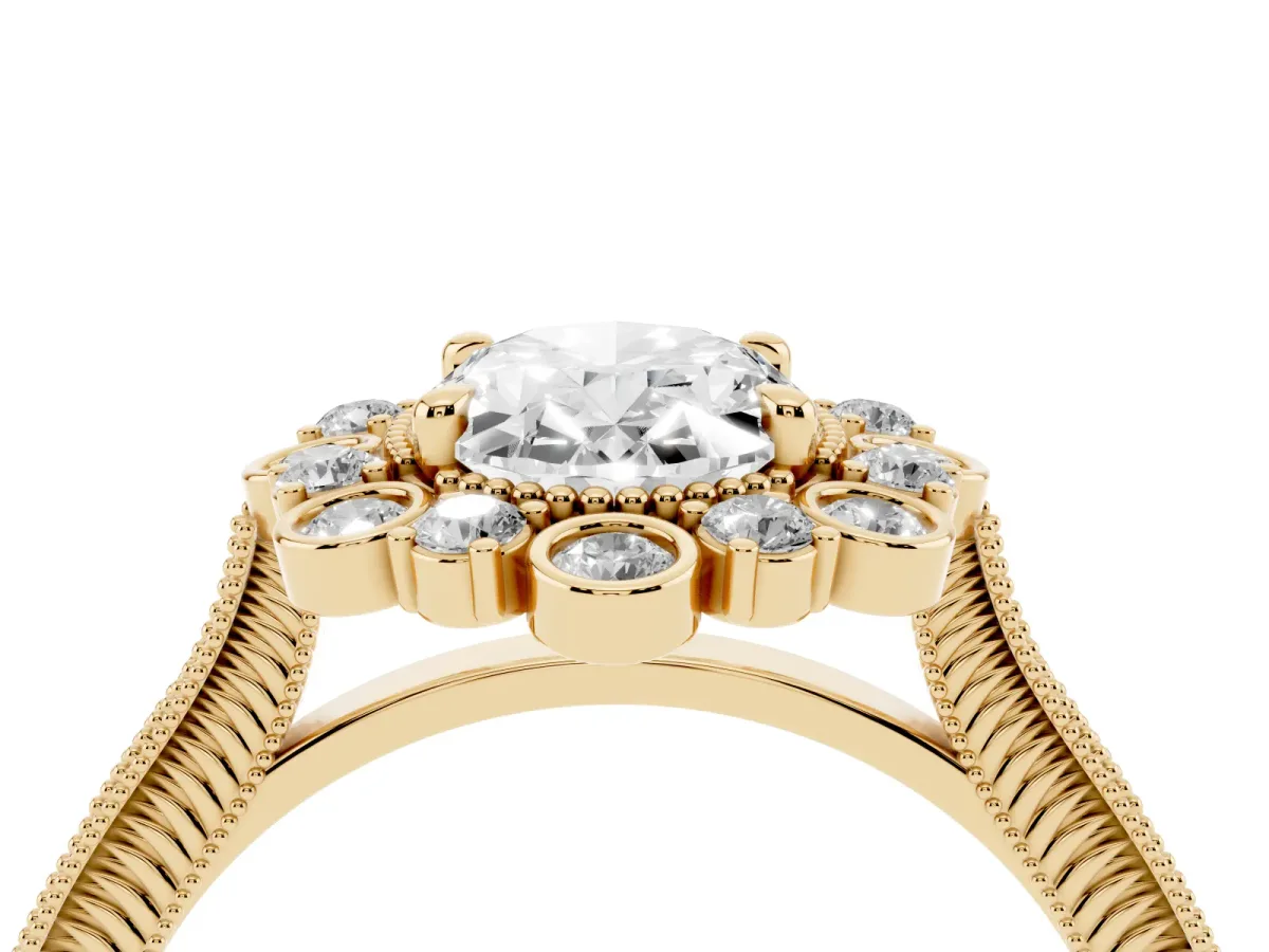 Oval Cut Halo Milgrain Pave Diamond Ring with Four-Prong Setting Yellow gold