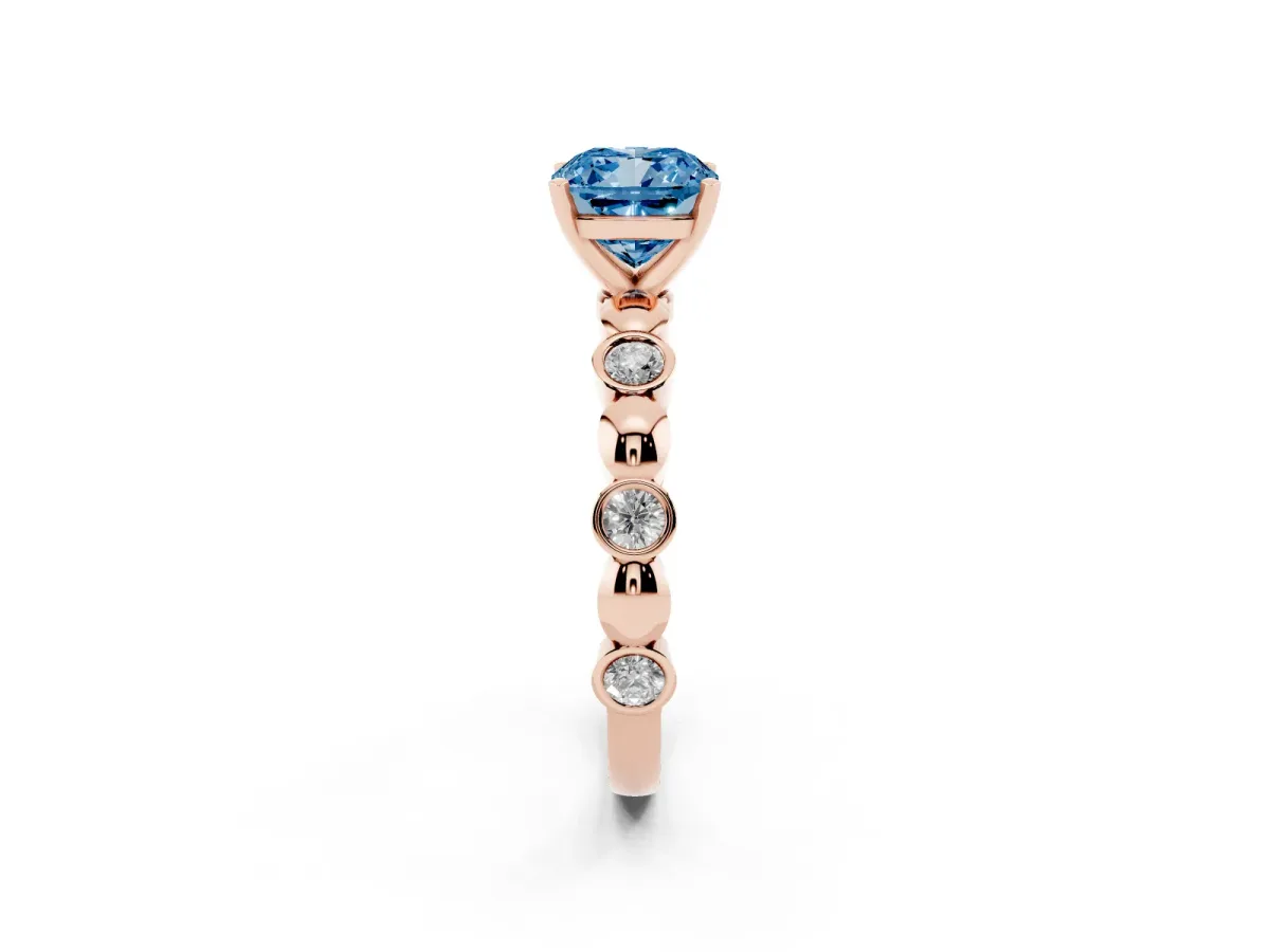 Fancy Blue Cushion Cut Solitaire Bezel-Set Diamond Ring with Beaded Band and Four-Prong Setting Rose gold