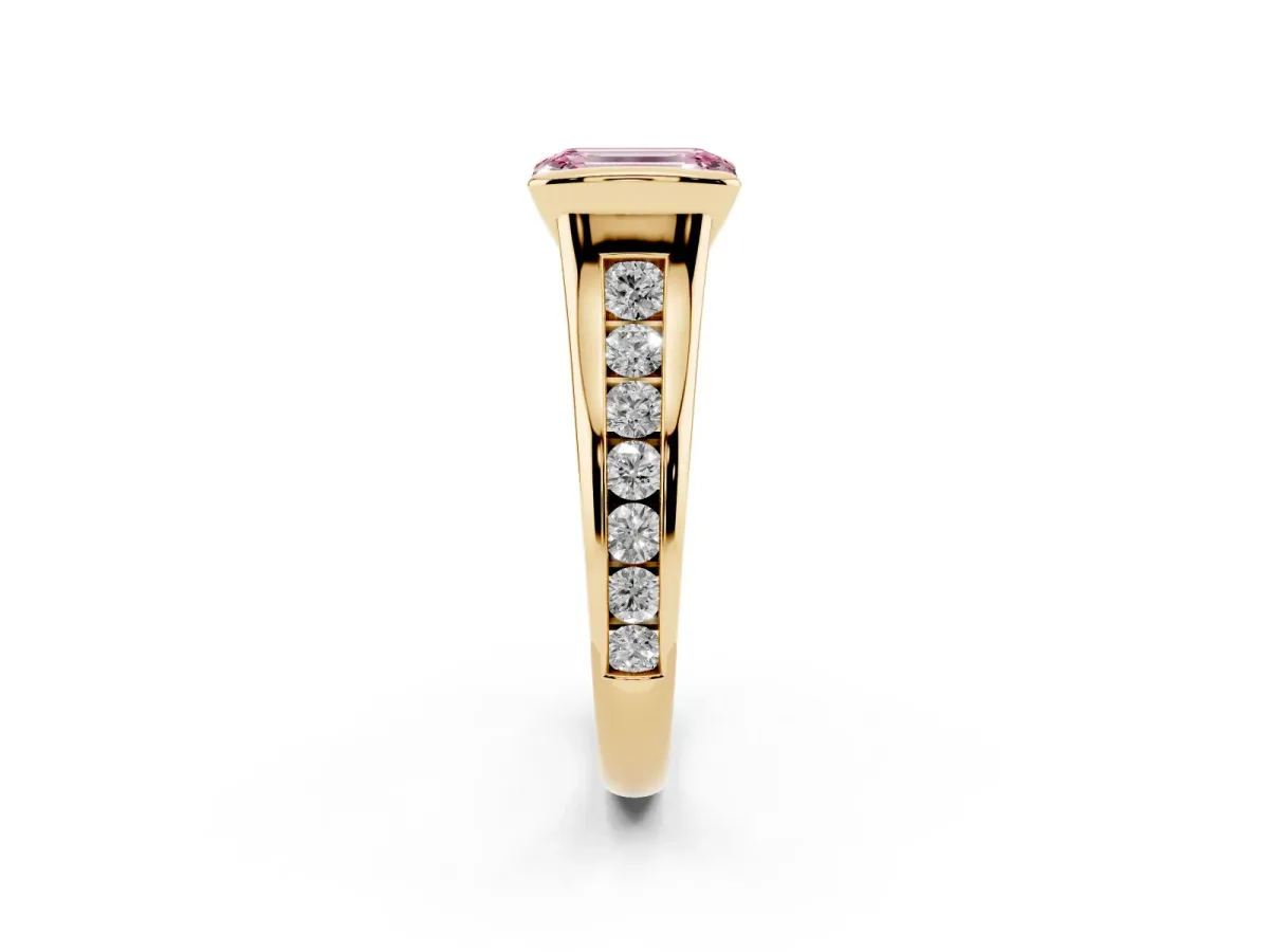 Fancy Pink Emerald Cut Solitaire Bezel-Set Diamond Ring with Channel-Set Band Yellow gold