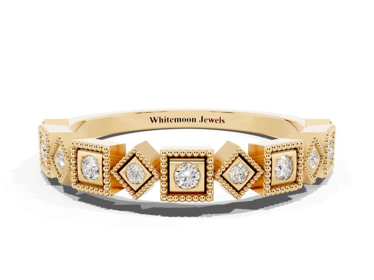 Milgrain Square Diamond Eternity Band with Bezel Setting Yellow gold