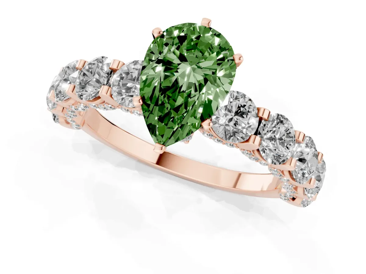 Fancy Green Pear Cut Diamond Side Stone Engagement Ring with Four-Prong Setting Rose gold