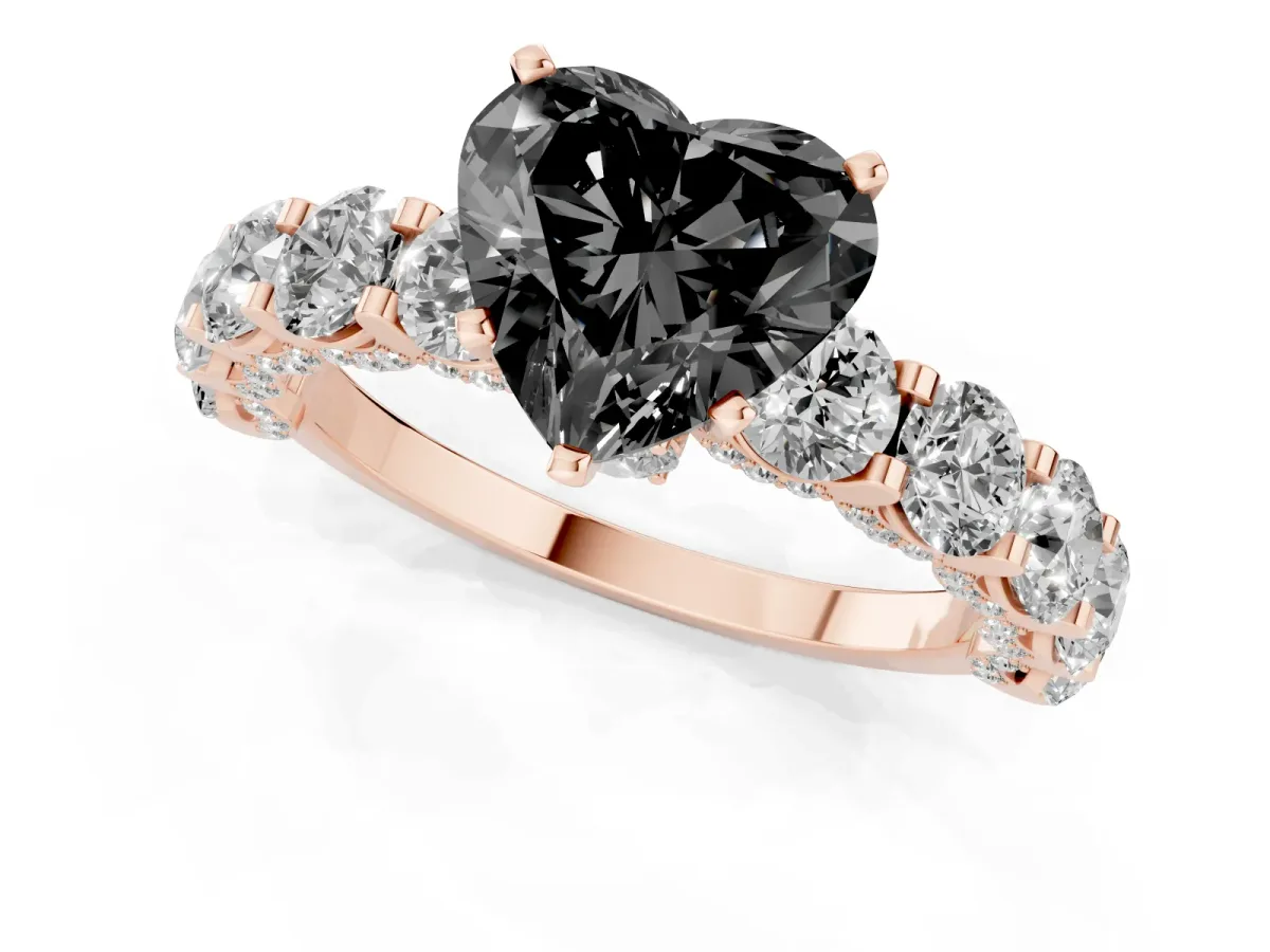 Fancy Black Heart Cut Diamond Side Stone Engagement Ring with Four-Prong Setting Rose gold