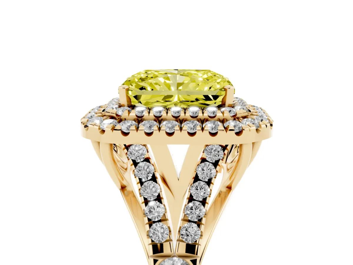 Fancy Yellow Double Halo Radiant Cut Diamond Split Shank Engagement Ring with Four-Prong Setting Yellow gold