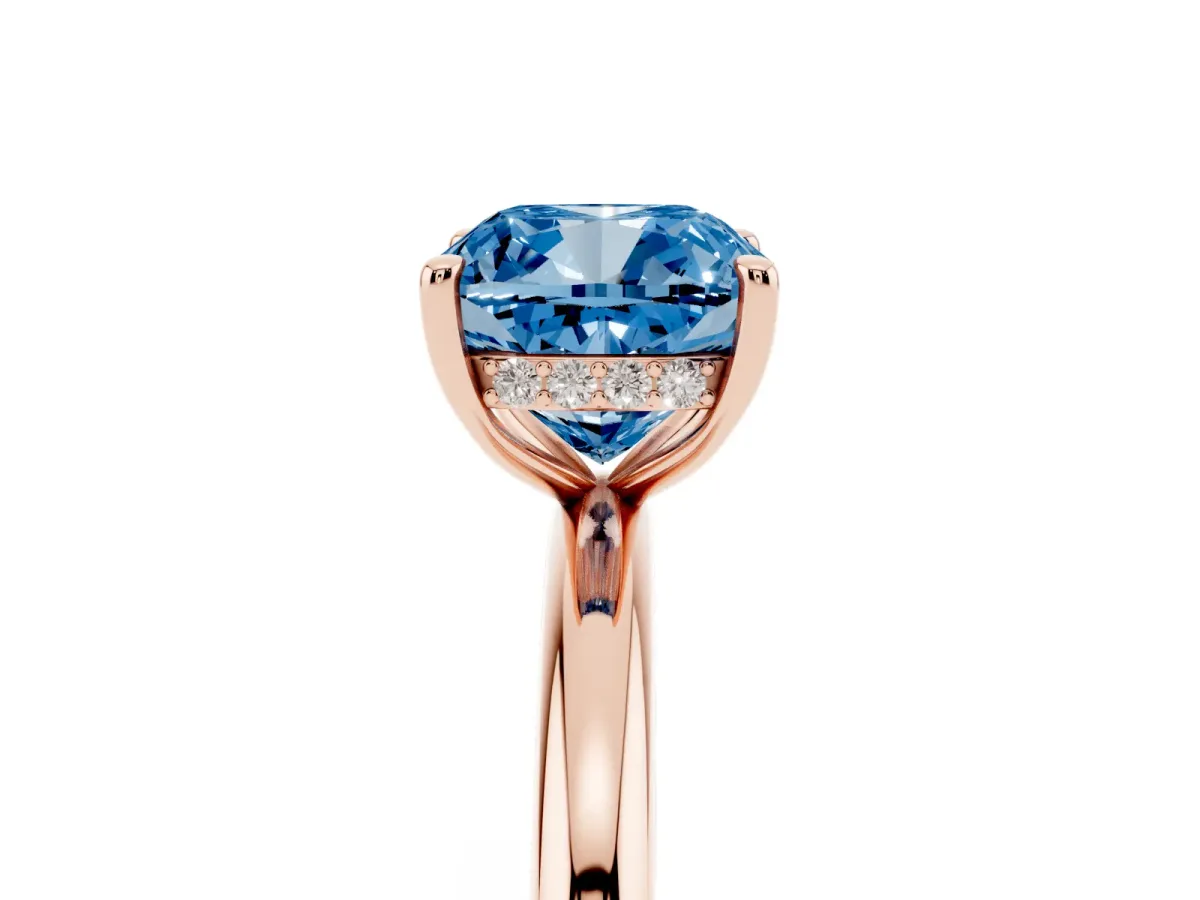 Fancy Blue Cushion Cut Diamond Solitaire Ring with Thin Band and Four-Prong Setting Rose gold