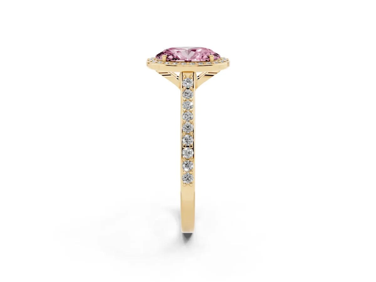 Fancy Pink Oval Cut Diamond Halo Engagement Ring with Round Pavé Shoulders and Prong Setting Yellow gold