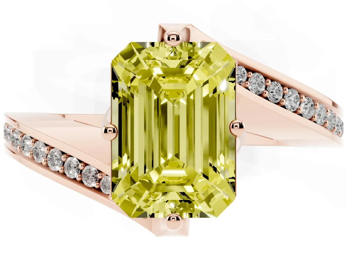 Fancy Yellow Emerald Cut Solitaire Diamond Twist Band with Pavé Setting and Four-Prong Setting Rose gold