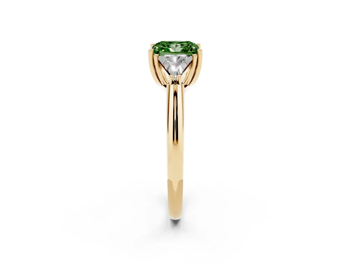 Fancy Green Three-Stone Princess Cut Diamond Engagement Ring with Trillion Side Stones and Prong Setting Yellow gold