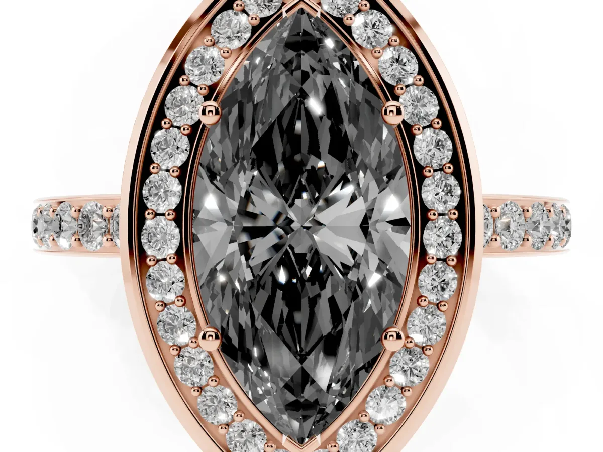 Fancy Black Marquise Cut Diamond Halo Ring with Bezel Frame and Pavé Band Rose gold