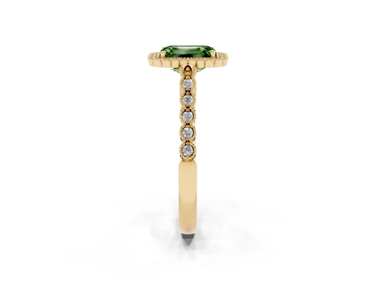 Fancy Green Emerald Cut Cut Halo Pavé Solitaire Ring with Milgrain Band Yellow gold