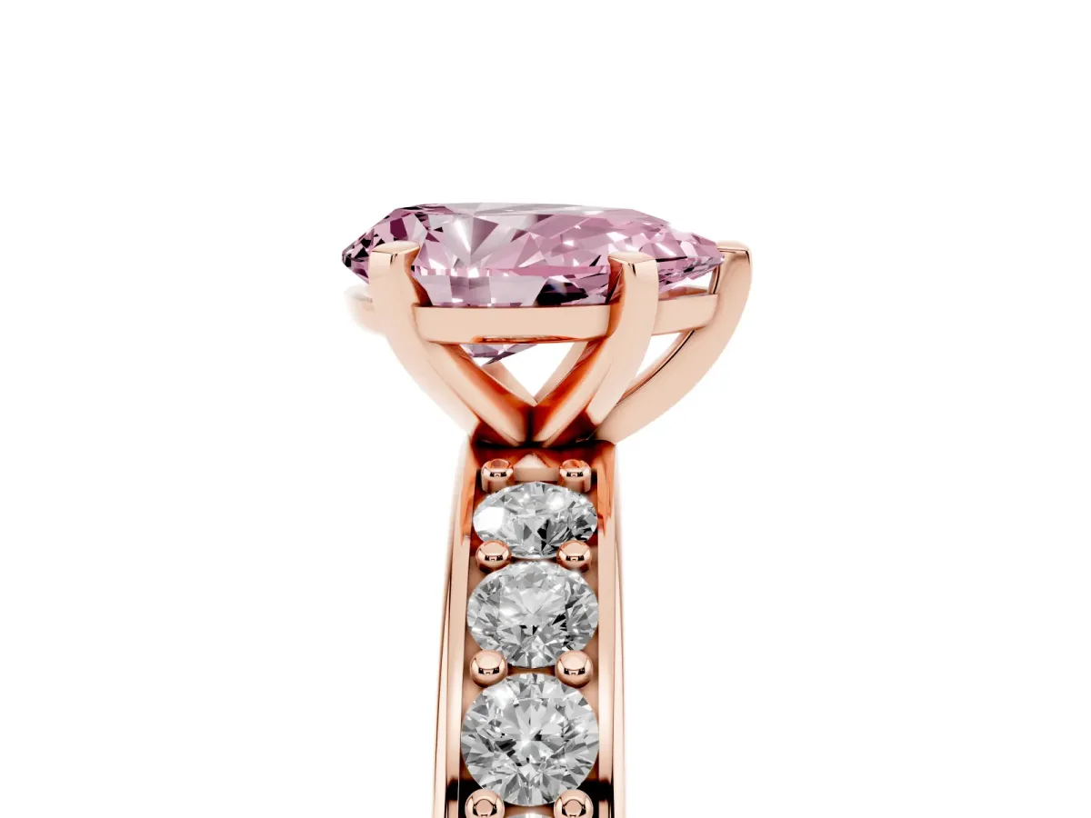 Fancy Pink Pear Cut Diamond Engagement Ring with Channel Set Round Band and Prong Setting Rose gold