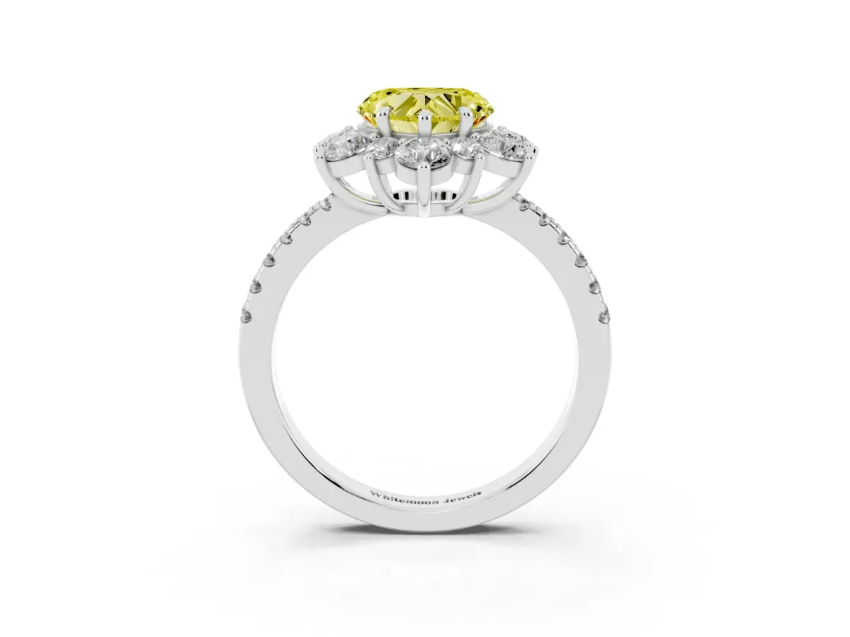 Fancy Yellow Heart Cut Diamond Floral Halo Ring with Round Pavé Band and Prong Setting Silver