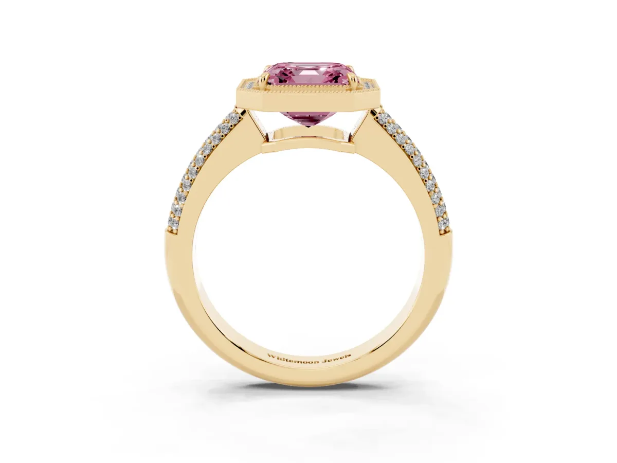 Fancy Pink Asscher Cut Cut Halo Diamond Pave Band with Four-Prong Setting Yellow gold