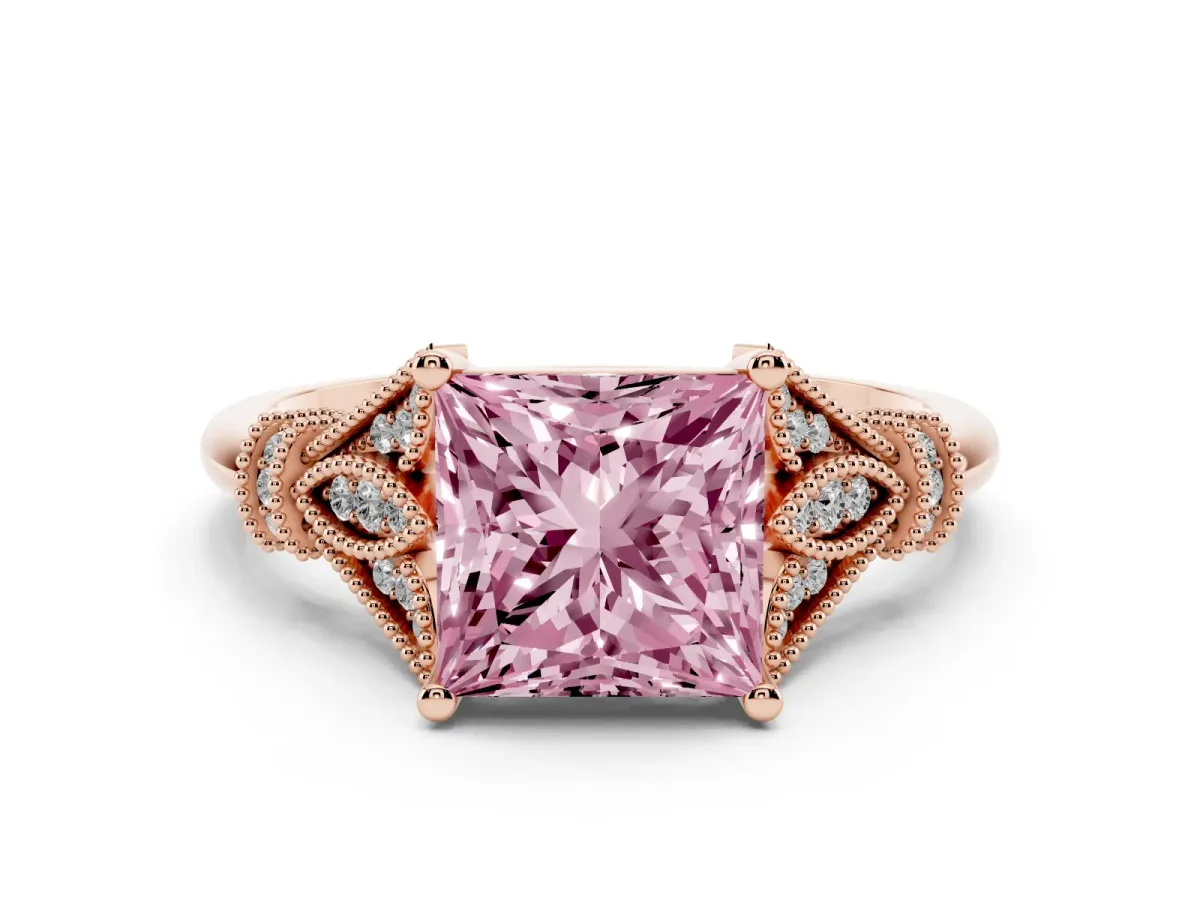 Fancy Pink Princess Cut Diamond Solitaire Ring with Floral Filigree and Pave Accents Rose gold