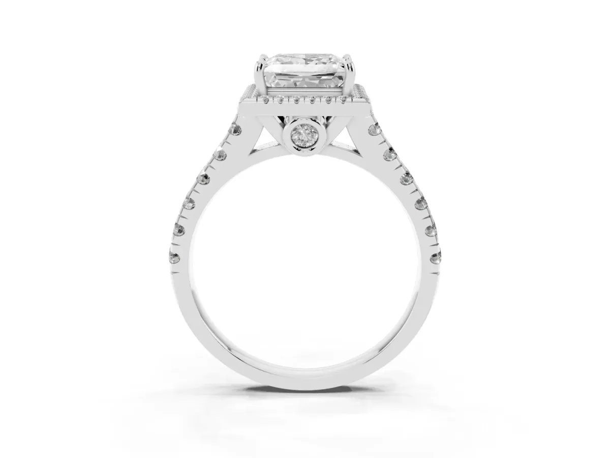 Princess Cut Halo Pavé Diamond Engagement Ring with Four-Prong Setting Silver