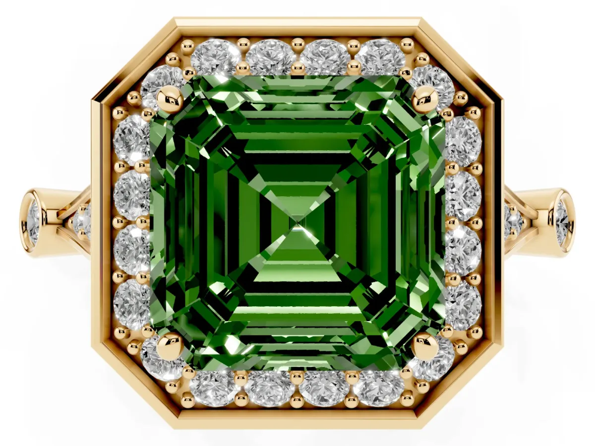 Fancy Green Asscher Cut Halo Diamond Engagement Ring with Twisted Band and Four-Prong Setting Yellow gold