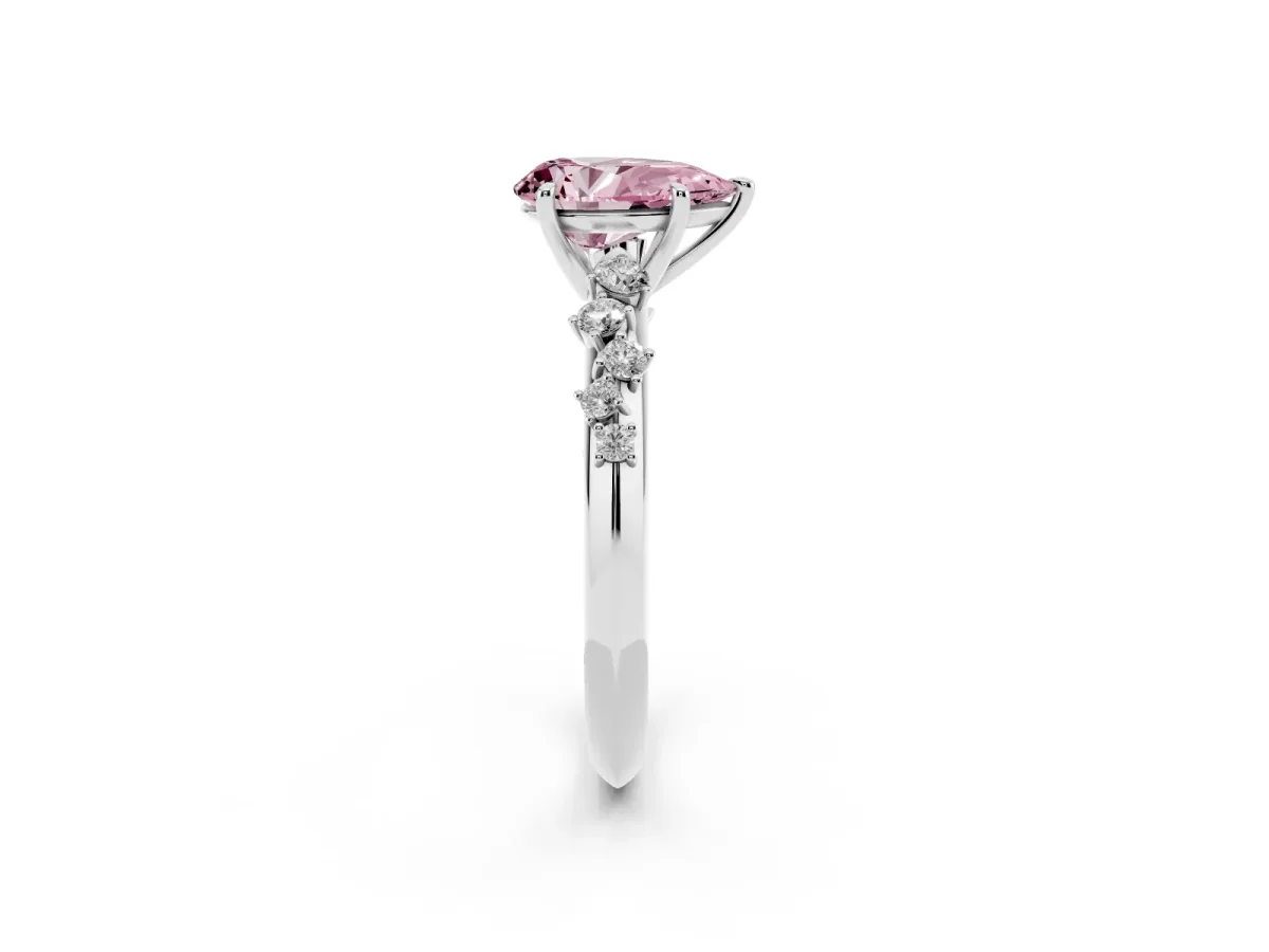 Fancy Pink Pear Cut Diamond Cluster Side Stone Solitaire Ring with Prong Setting Silver