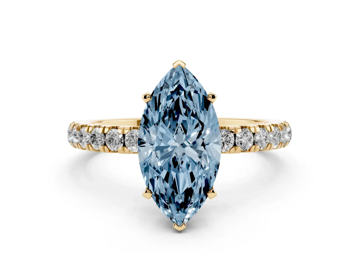 Fancy Blue Marquise Cut Diamond Solitaire Ring with Pavé Accents and Four-Prong Setting Yellow gold