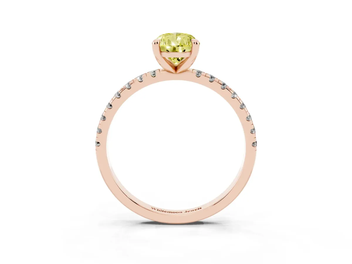 Fancy Yellow Pear Cut Diamond Brilliant Solitaire Ring with Pavé Band and Four-Prong Setting Rose gold